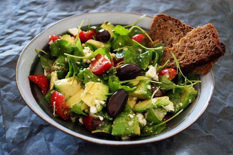 Fresh Greek salad with feta olives and cucumbers